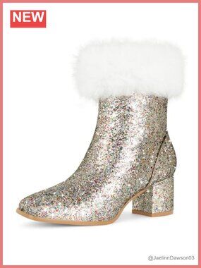 Faux Fur Glitter Square Toe Chunky Heel Ankle Boots Booties Women